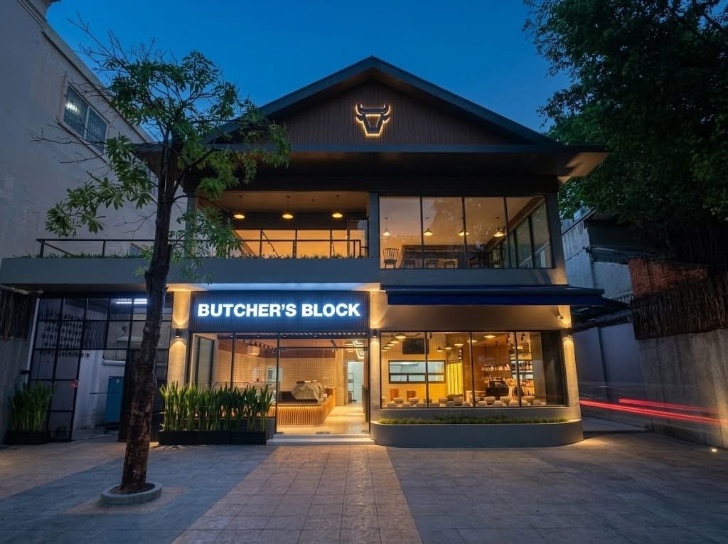 Butcher's Block storefront facade at dusk